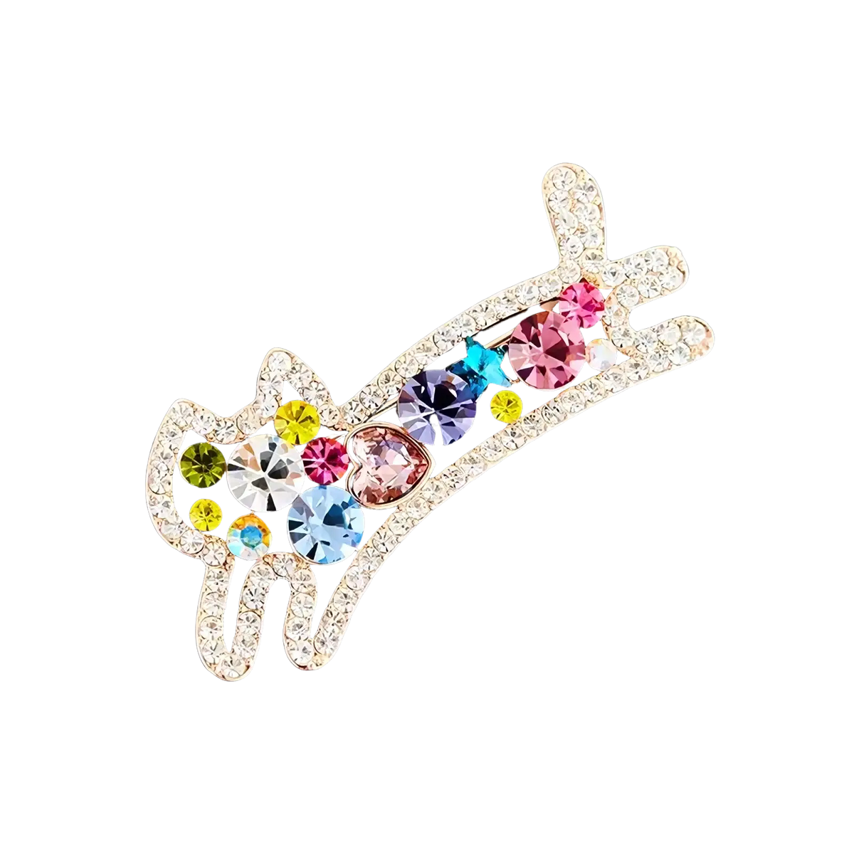 A gold-toned cat brooch adorned with multicolored rhinestones in various shapes and sizes rose gold pin