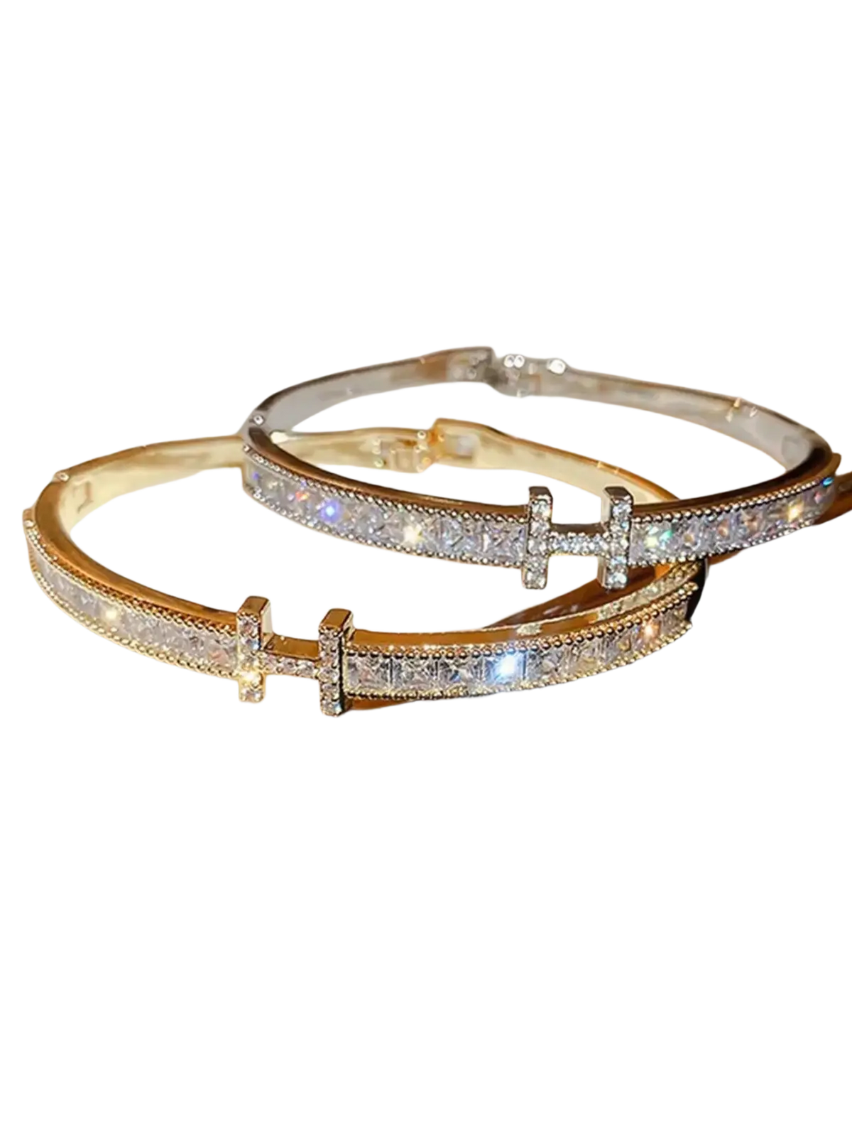 Crystal cross cuff bracelet with gold and silver-toned hinged bangles featuring rectangular-cut crystal accents