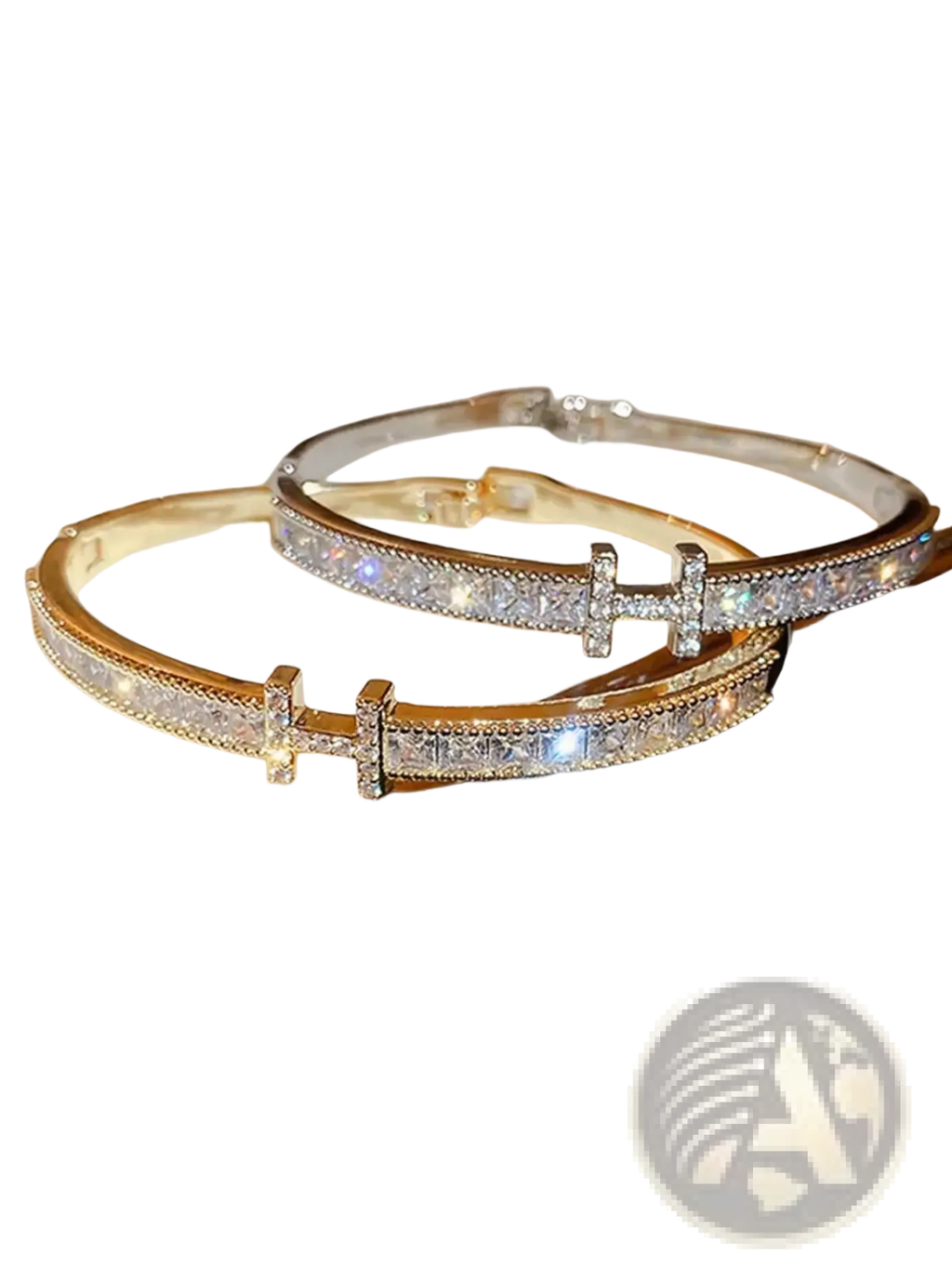 Crystal cross cuff bracelet with gold and silver-toned hinged bangles featuring rectangular-cut crystal accents