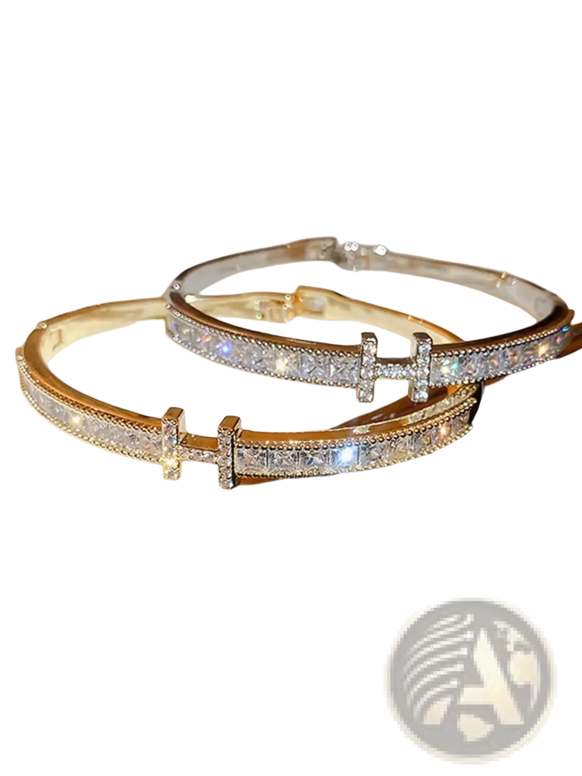 Crystal cross cuff bracelet with gold and silver-toned hinged bangles featuring rectangular-cut crystal accents