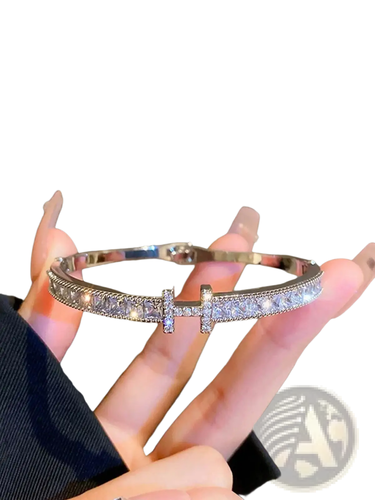 Silver-toned crystal cross cuff bracelet with clear sparkling stones and a central t-shaped accent stone
