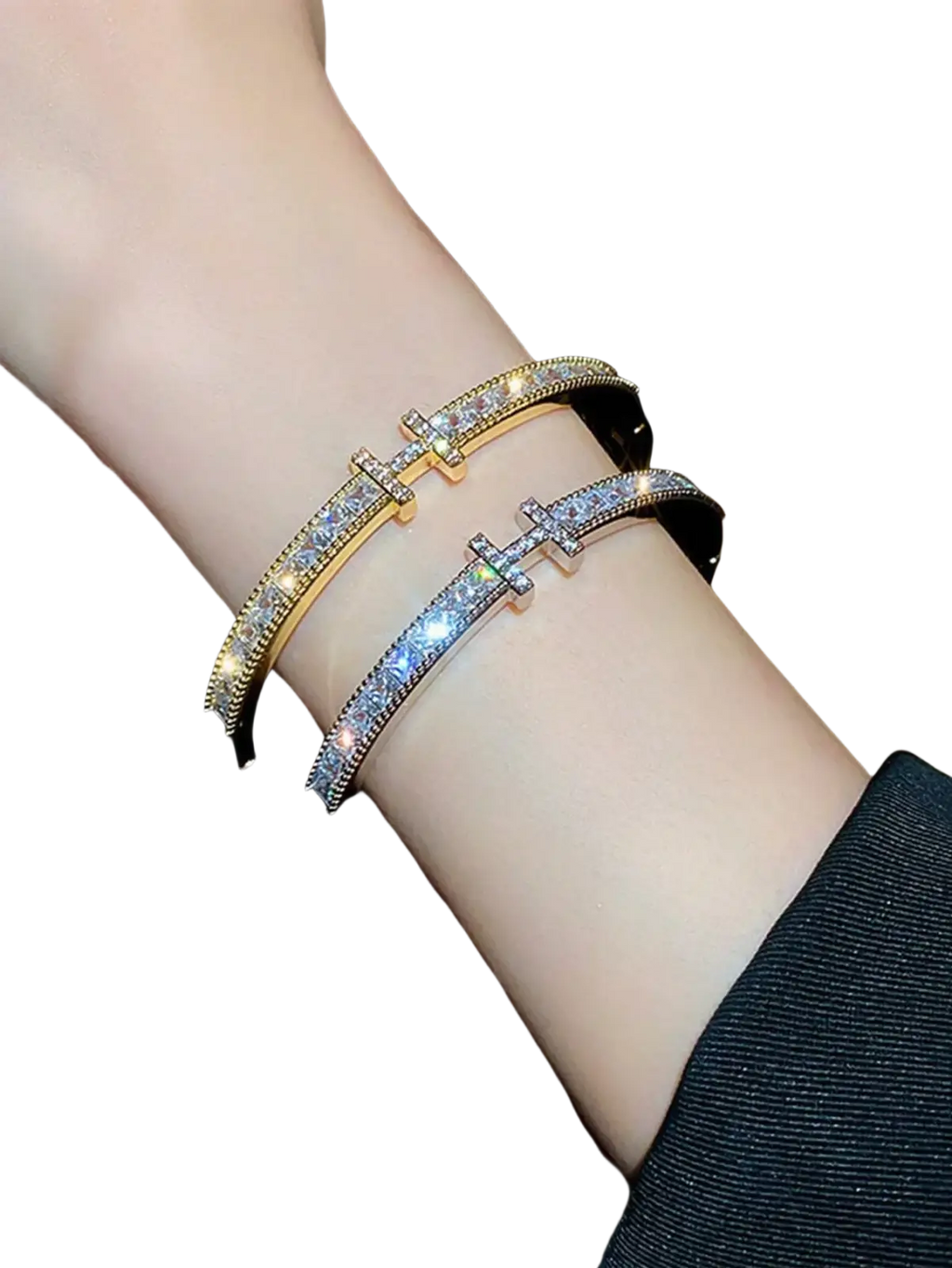 Two elegant crystal cross cuff bracelets in gold and silver metal with full diamond embellishments