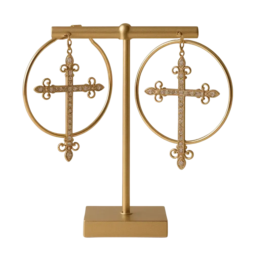Gold hoop earrings with ornate crystal-adorned cross designs featuring sparkling stones in punk jewelry style