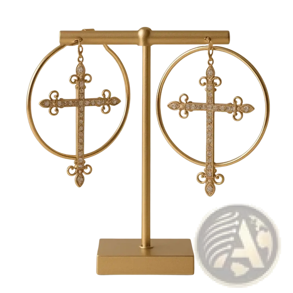 Gold hoop earrings with ornate crystal-adorned cross designs featuring sparkling stones in punk jewelry style
