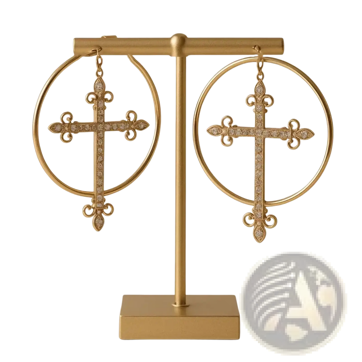 Gold hoop earrings with ornate crystal-adorned cross designs featuring sparkling stones in punk jewelry style
