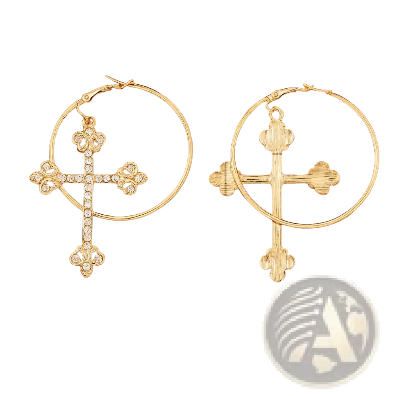 Gold crystal cross hoop earrings with one pendant in sparkling rhinestones and the other in matte texture