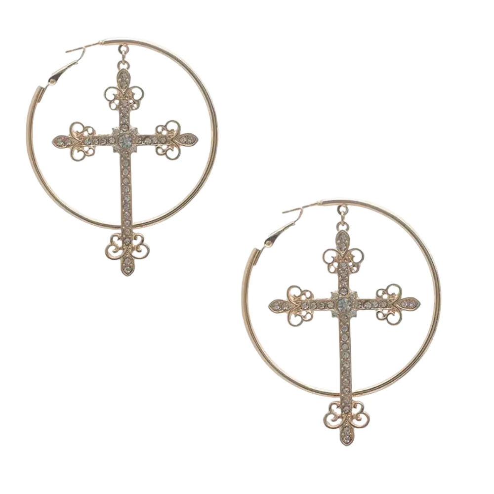 Gold-toned hoop earrings with ornate crystal cross charms featuring sparkling rhinestones for punk jewelry style