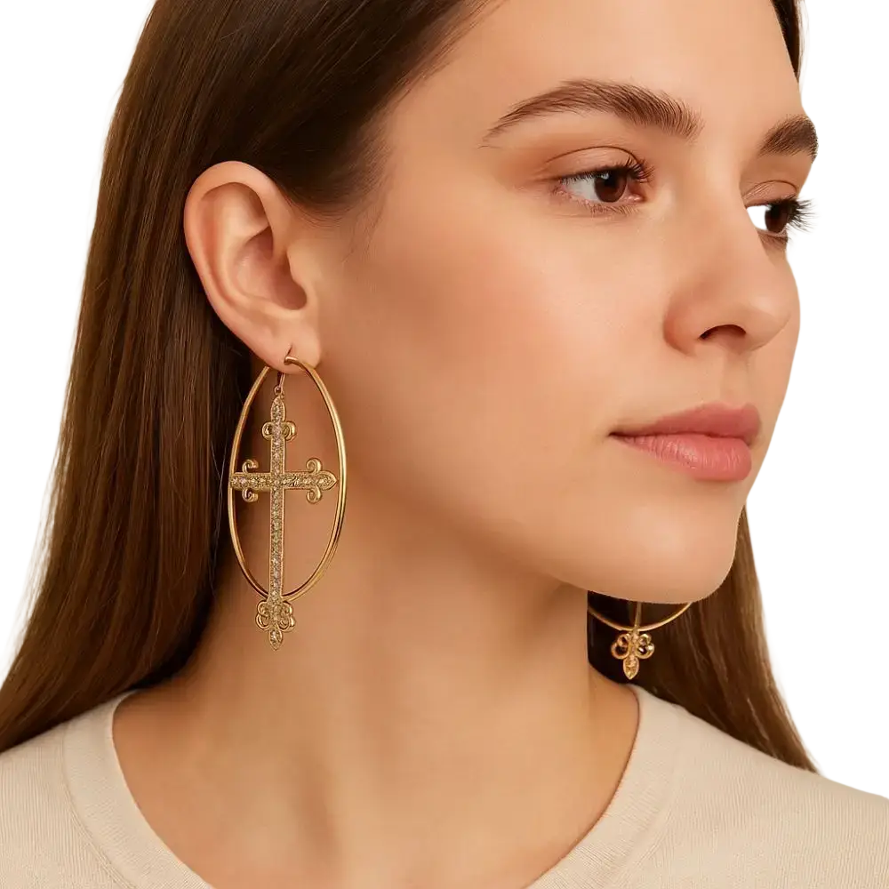 Gold-toned crystal cross hoop earrings with ornate sparkling stones and a dangling fleur-de-lis charm punk jewelry design