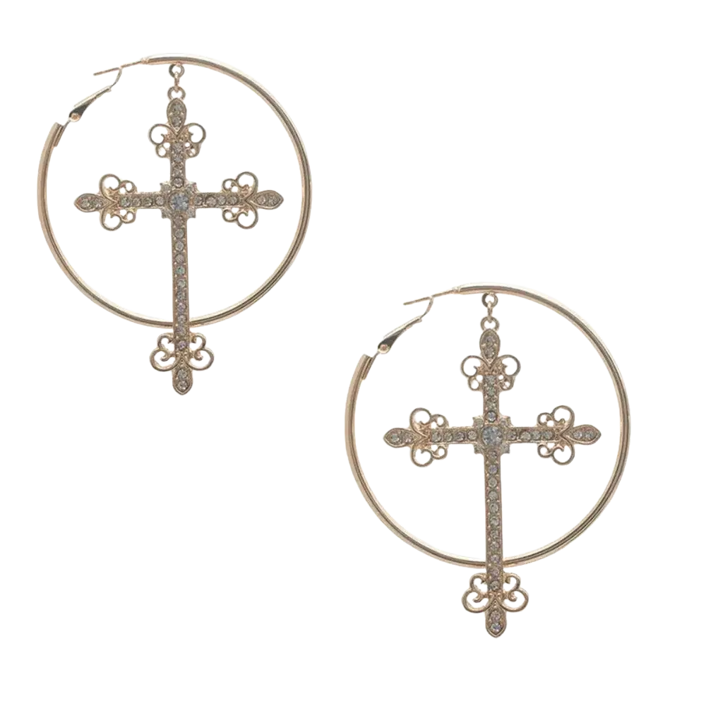 Gold-toned hoop earrings with diamond-encrusted ornate crosses and intricate filigree detailing for punk jewelry
