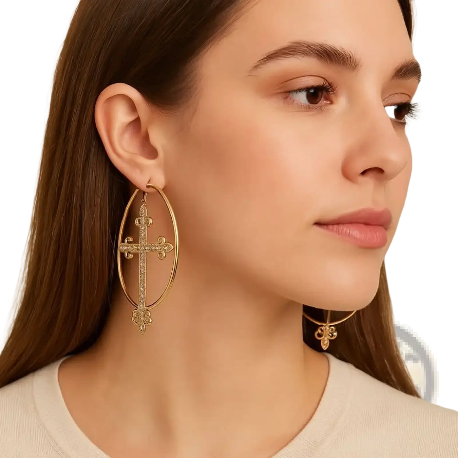 Gold-toned crystal cross hoop earrings with ornate sparkling stones and a dangling fleur-de-lis charm punk jewelry design