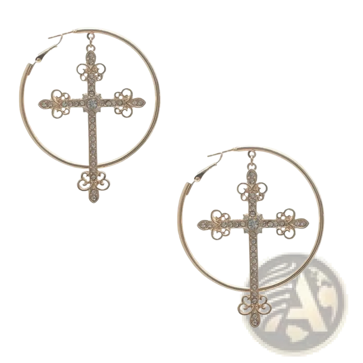 Gold-toned hoop earrings with ornate crystal cross charms featuring sparkling rhinestones for punk jewelry style