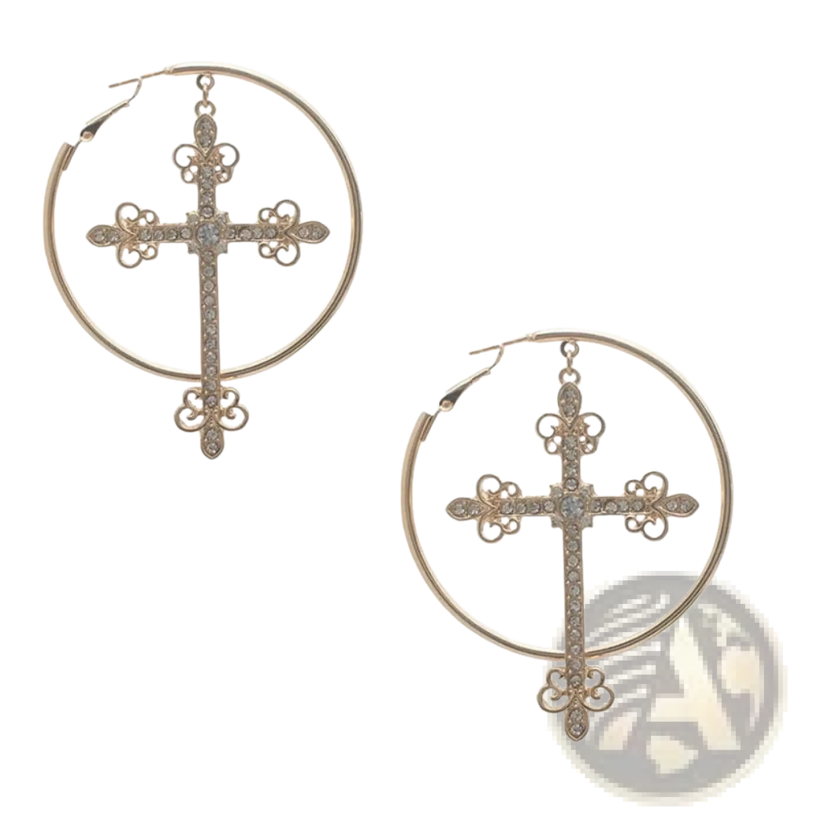 Gold-toned hoop earrings with diamond-encrusted ornate crosses and intricate filigree detailing for punk jewelry