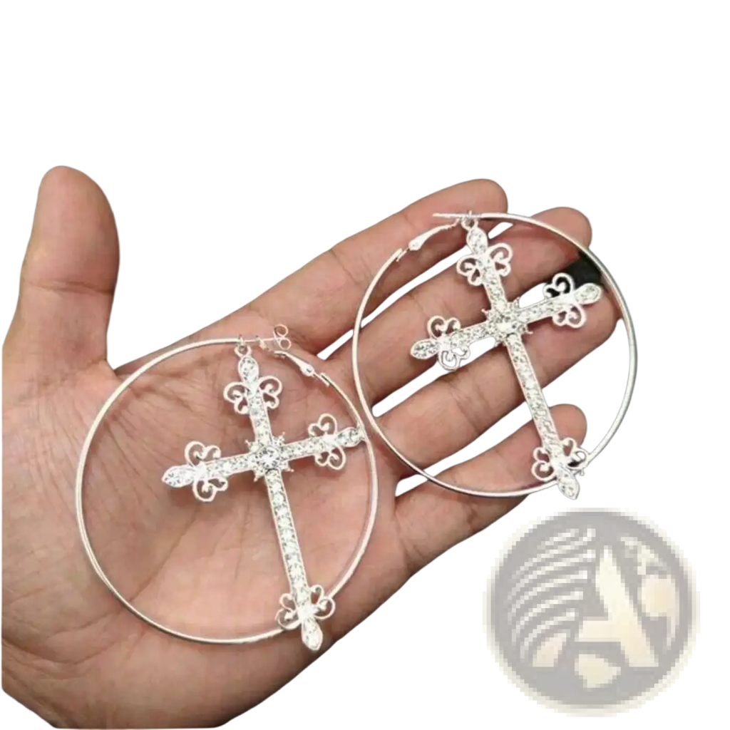 Silver hoop earrings with ornate crystal cross charms featuring sparkling rhinestones and delicate filigree detailing
