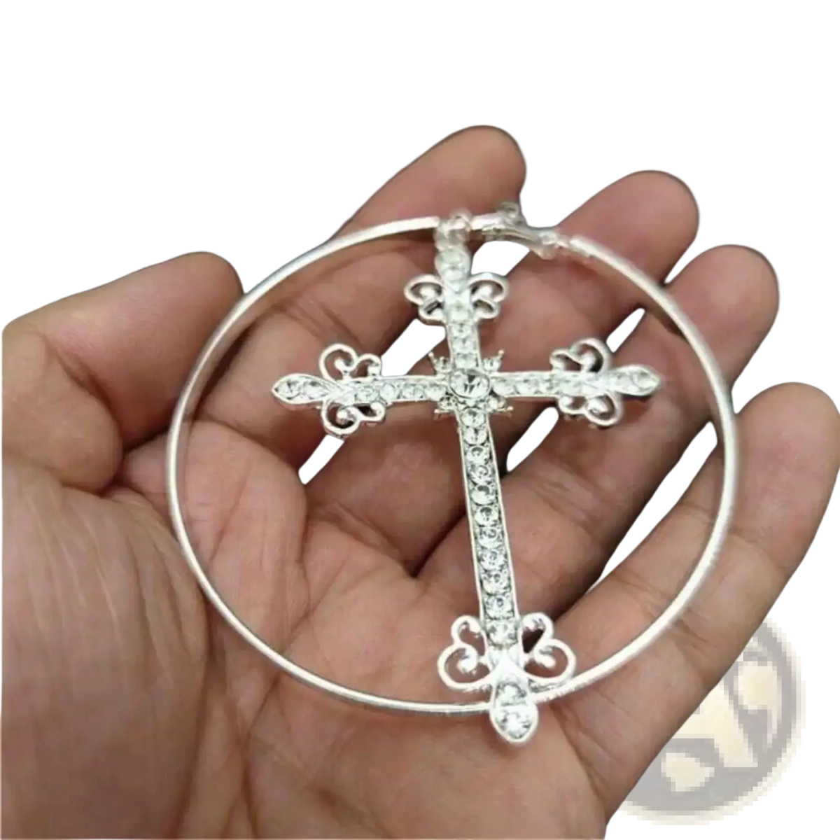 Silver crystal cross hoop earrings with intricate filigree design and clear rhinestones in punk jewelry style