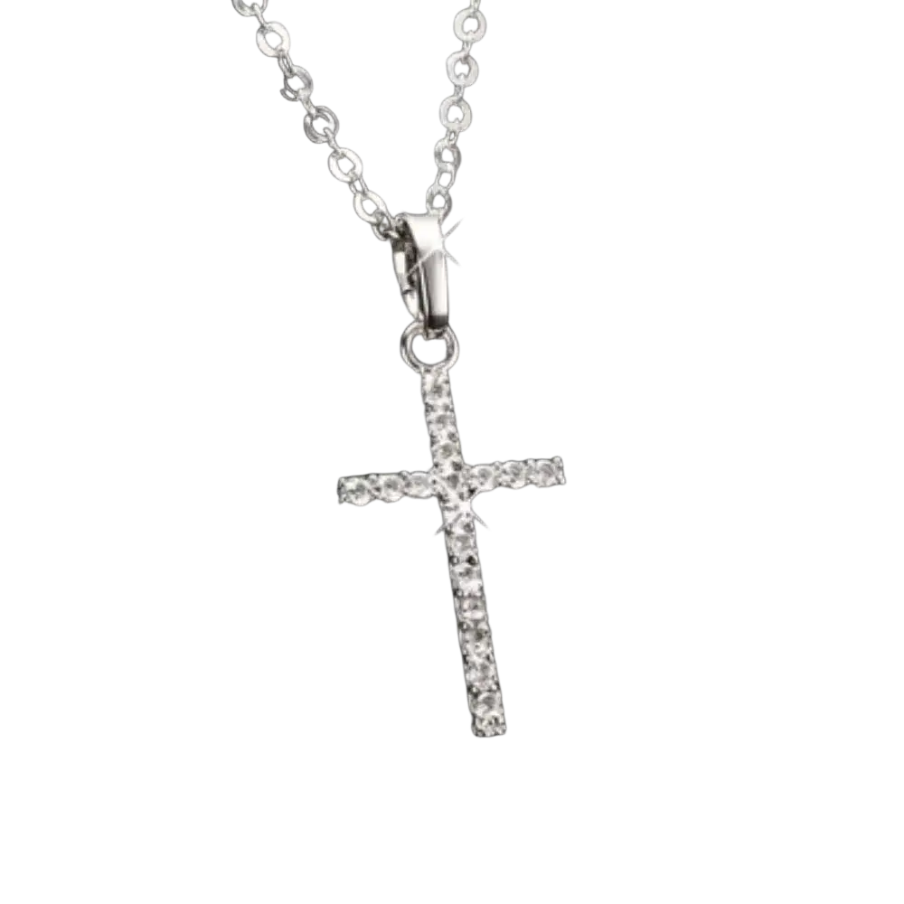Silver crystal cross pendant necklace with sparkling rhinestones on arms hanging from delicate chain