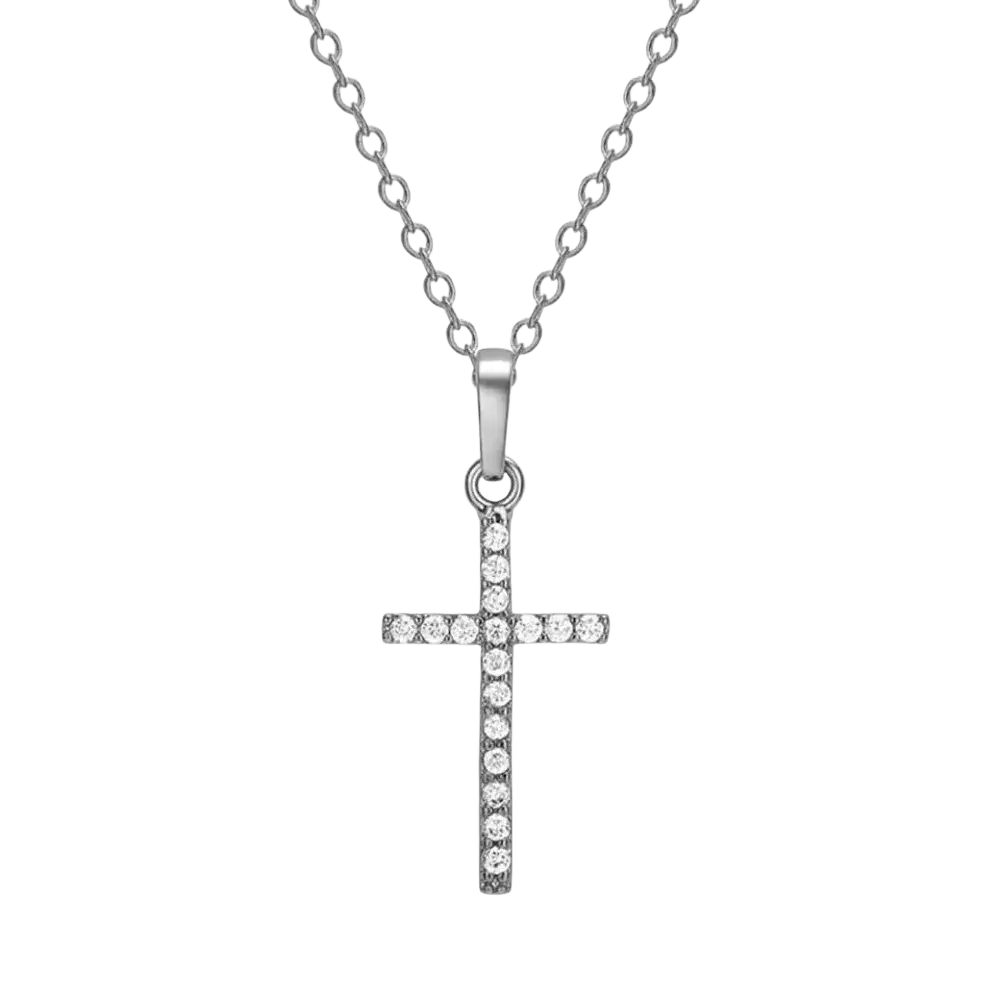 Silver crystal cross pendant necklace featuring clear cubic zirconia stones in a sleek minimalist design
