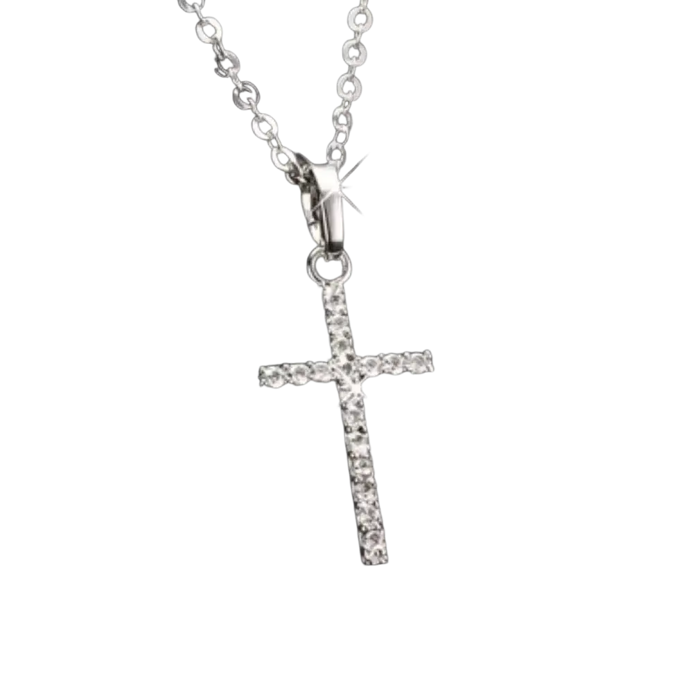 A sparkling silver crystal cross pendant necklace with clear crystals along its arms on a matching chain
