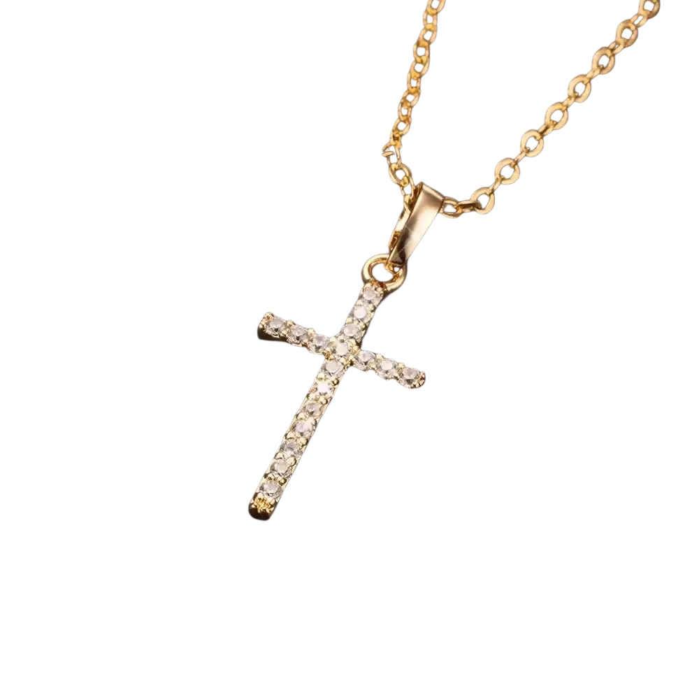 Gold cross pendant necklace featuring sparkling clear crystals on a delicate silver chain for elegant wear
