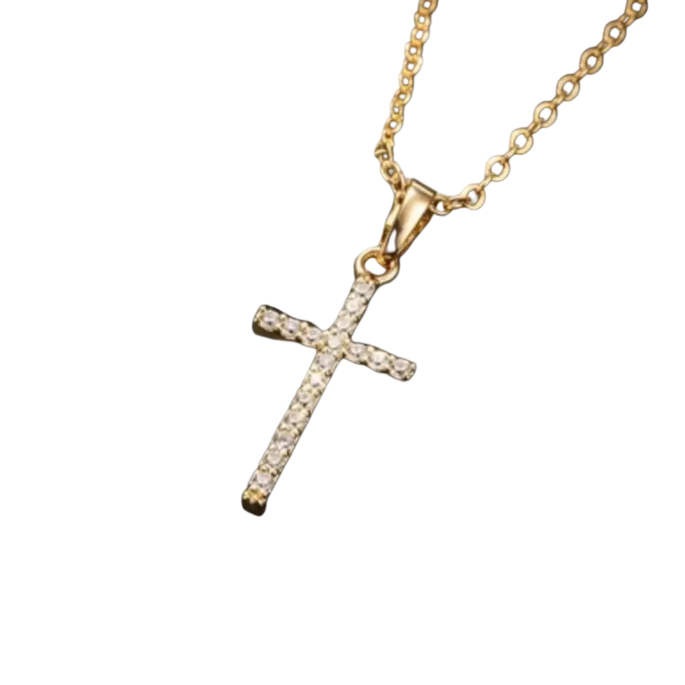 Gold cross pendant necklace with sparkling clear stones set on a delicate silver chain for elegant wear