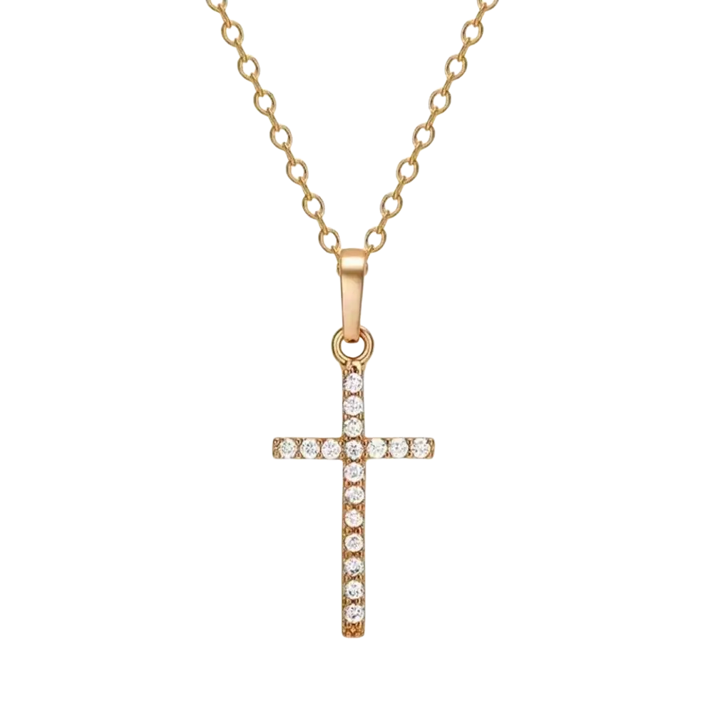 Gold-toned cross necklace pendant with clear sparkling stones along its arms and center for elegant wear