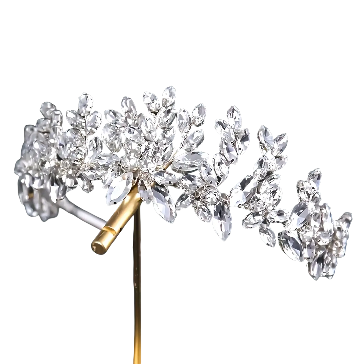 A sparkling silver crystal floral bridal tiara headband with intricate leaf and branch designs and clear stones