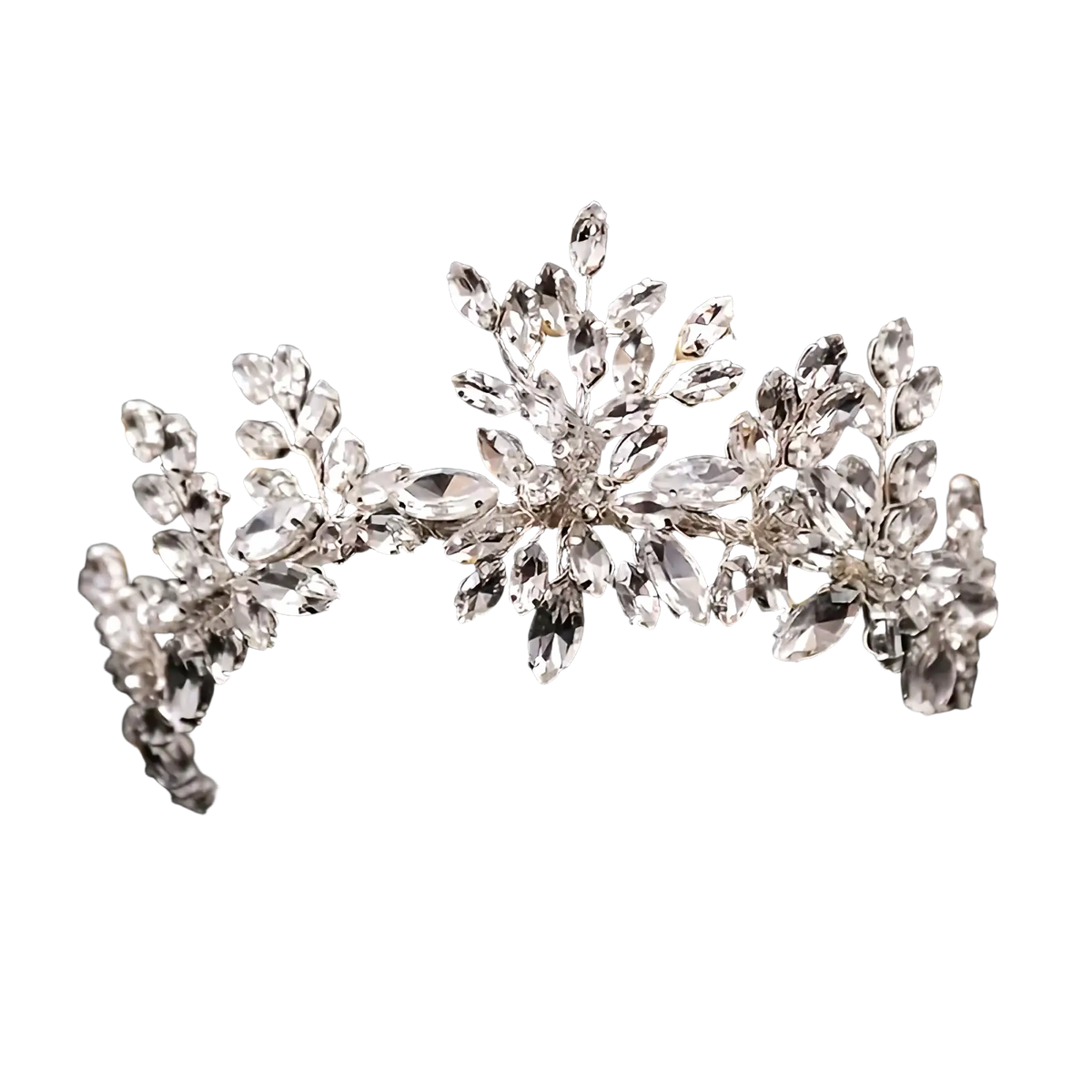 A sparkling silver crystal floral bridal tiara headband adorned with clear faceted crystals in an elegant design