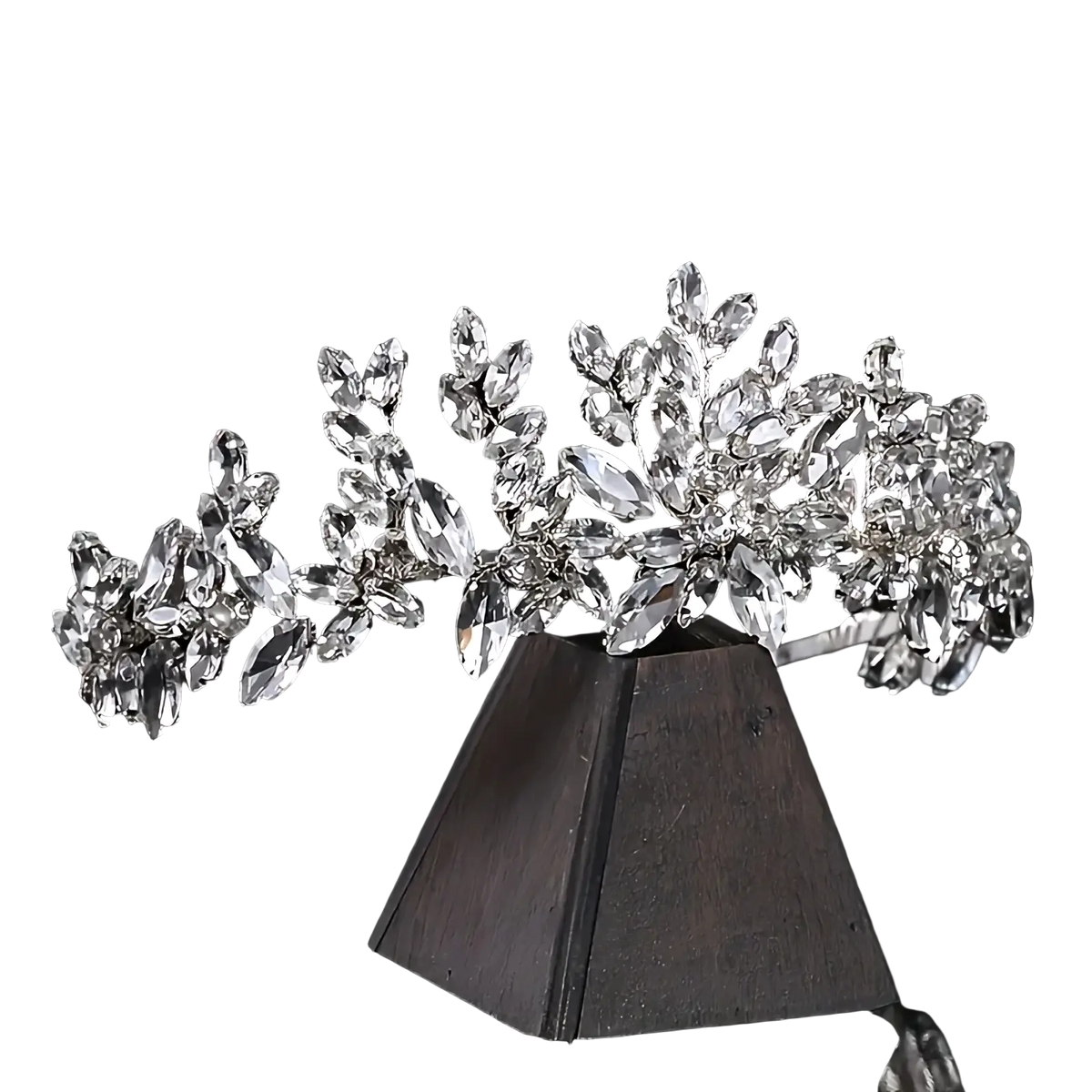 A sparkling silver crystal floral bridal tiara headband with clear faceted crystals in an elegant leaf design