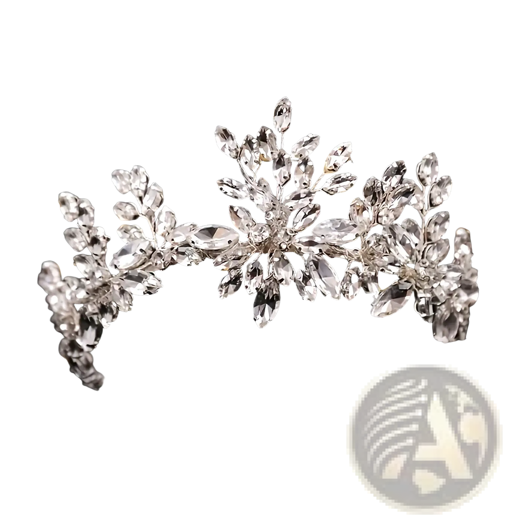 A sparkling silver crystal floral bridal tiara headband adorned with clear faceted crystals in an elegant design