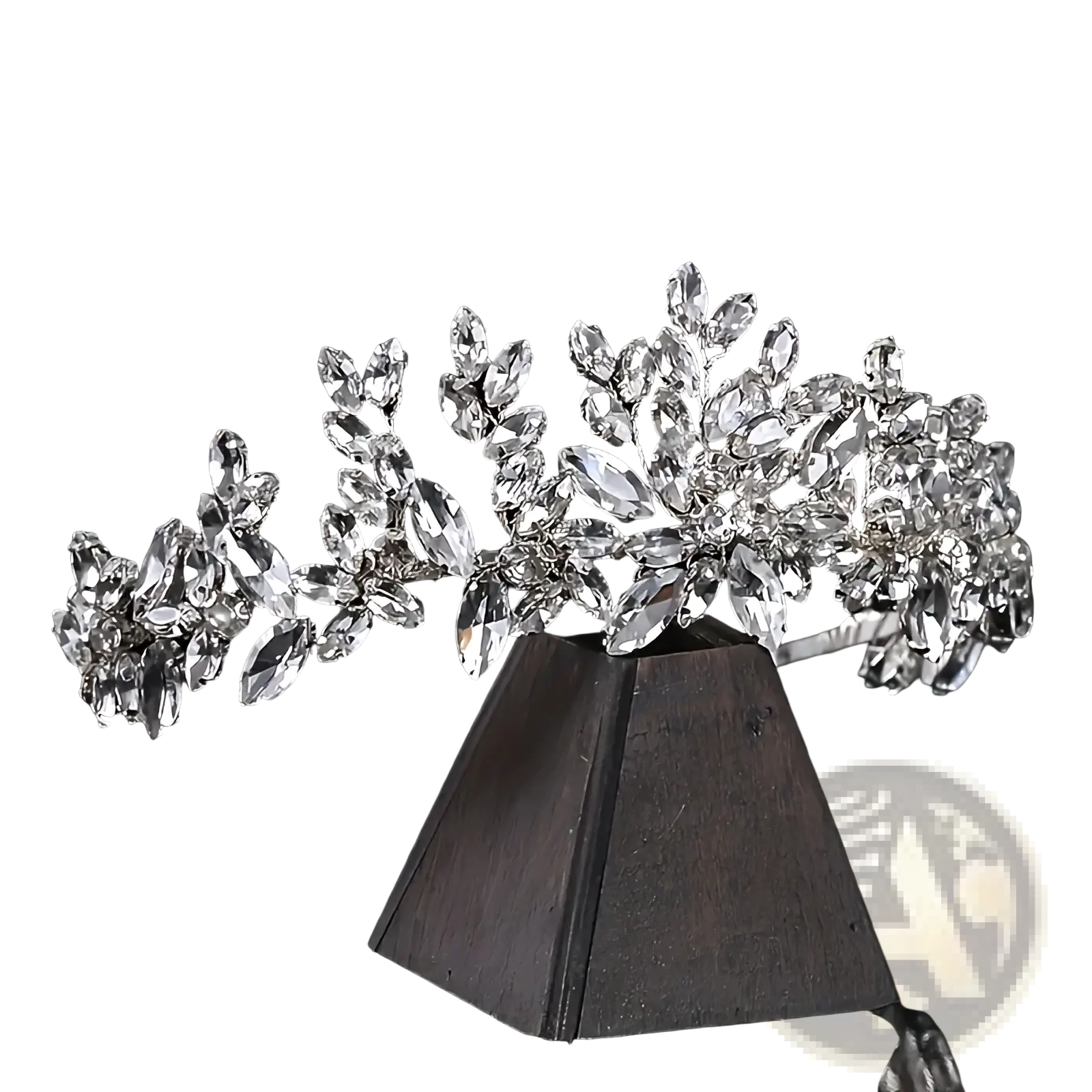 A sparkling silver crystal floral bridal tiara headband with clear faceted crystals in an elegant leaf design