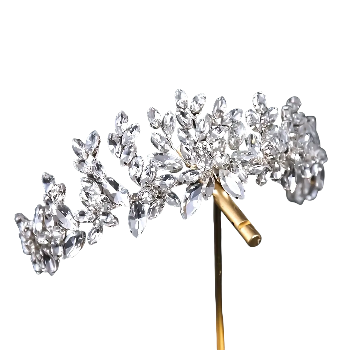 Crystal floral bridal tiara headband featuring a sparkling silver crystal floral branch with clear stones on a gold pin