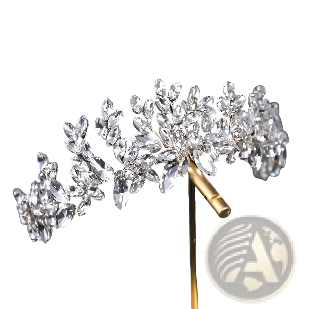 Crystal floral bridal tiara headband featuring a sparkling silver crystal floral branch with clear stones on a gold pin