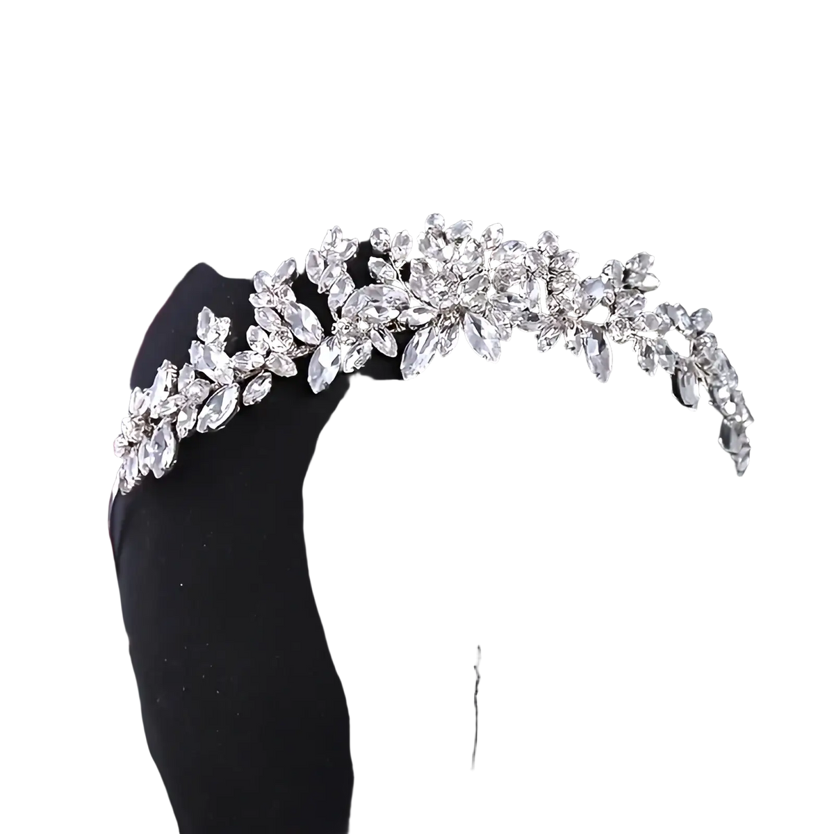 Crystal floral bridal tiara headband with sparkling silver rhinestones and clear faceted crystal leaf and bloom design