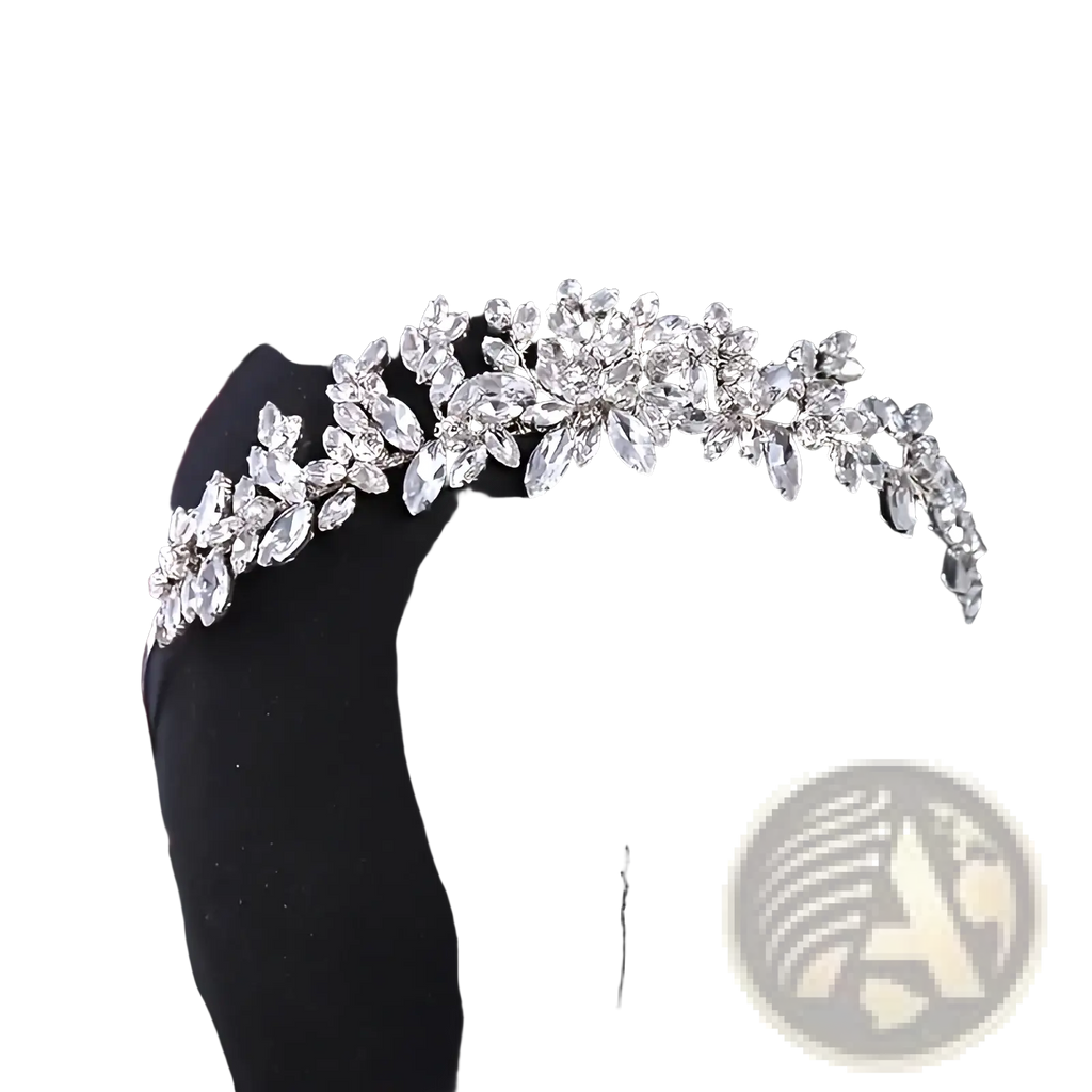 Crystal floral bridal tiara headband with sparkling silver rhinestones and clear faceted crystal leaf and bloom design