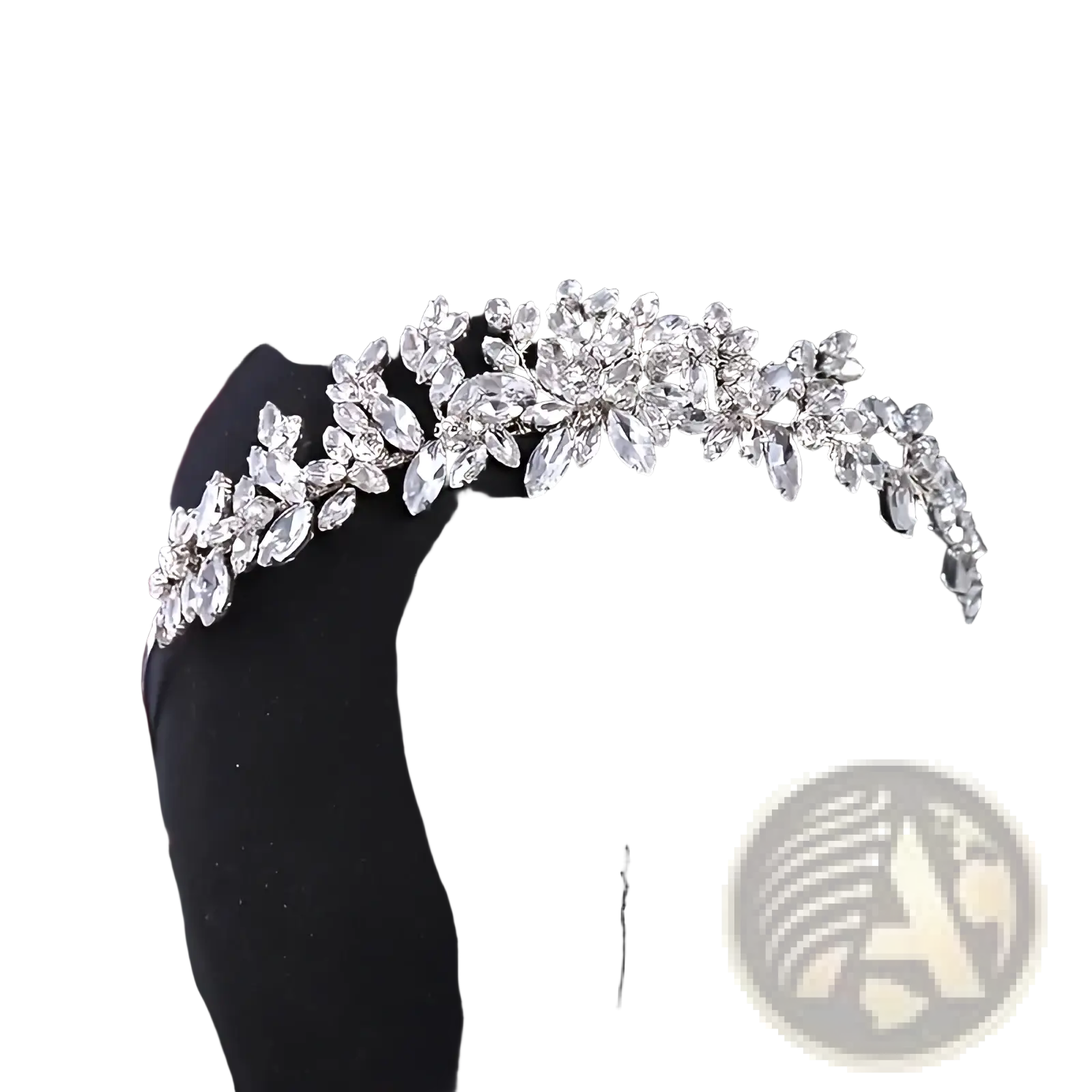Crystal floral bridal tiara headband with sparkling silver rhinestones and clear faceted crystal leaf and bloom design