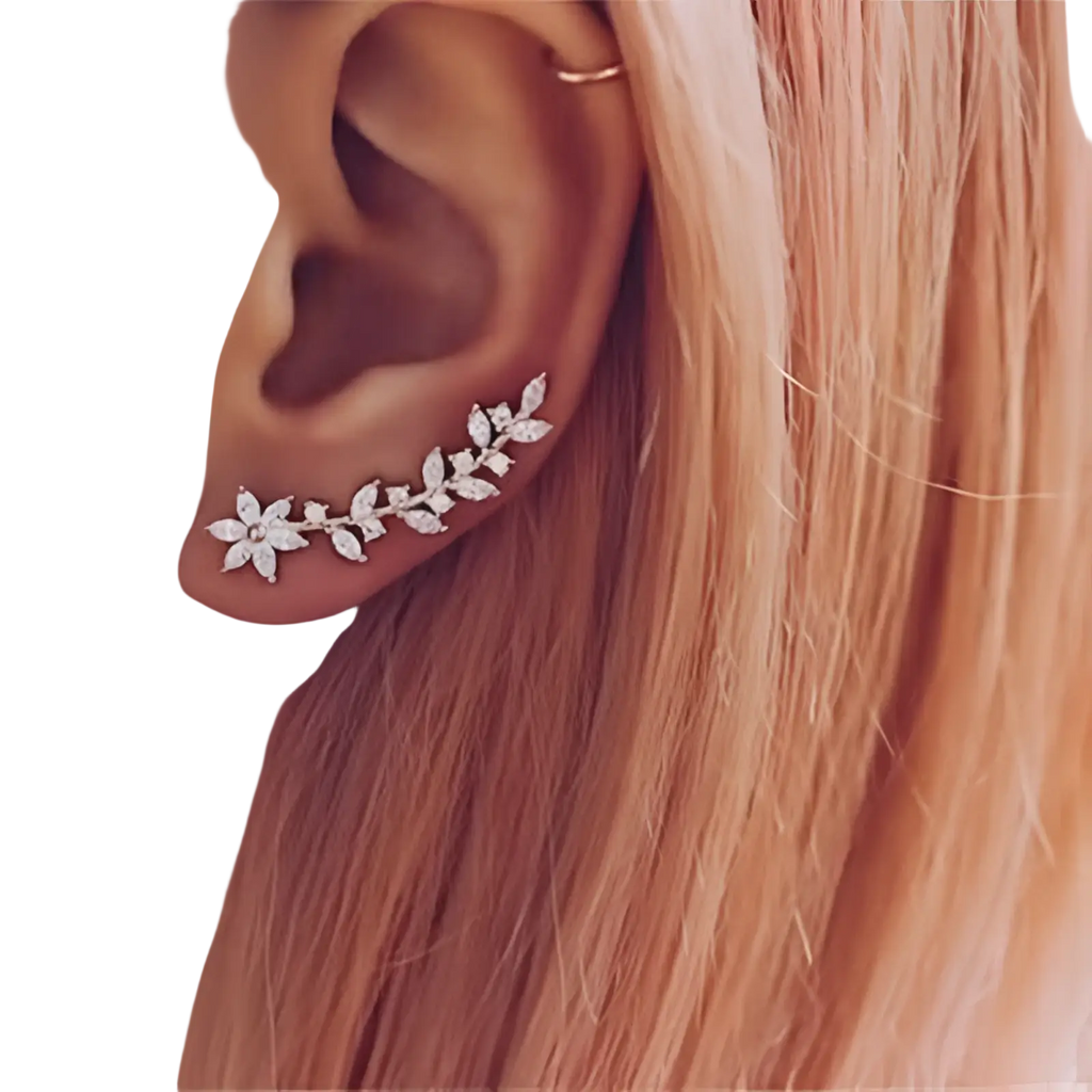 Silver leaf and flower design ear climber earrings for women with sparkling rhinestones in a crystal floral vine style