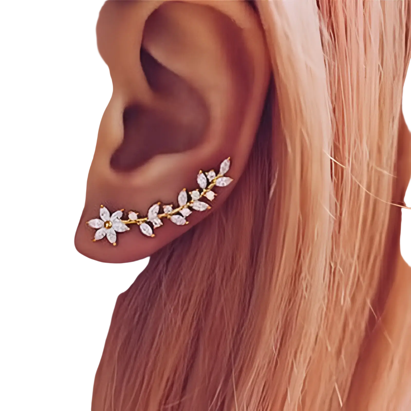 Crystal floral vine ear climber earrings for women gold-toned with clear sparkling crystals in floral leaf pattern