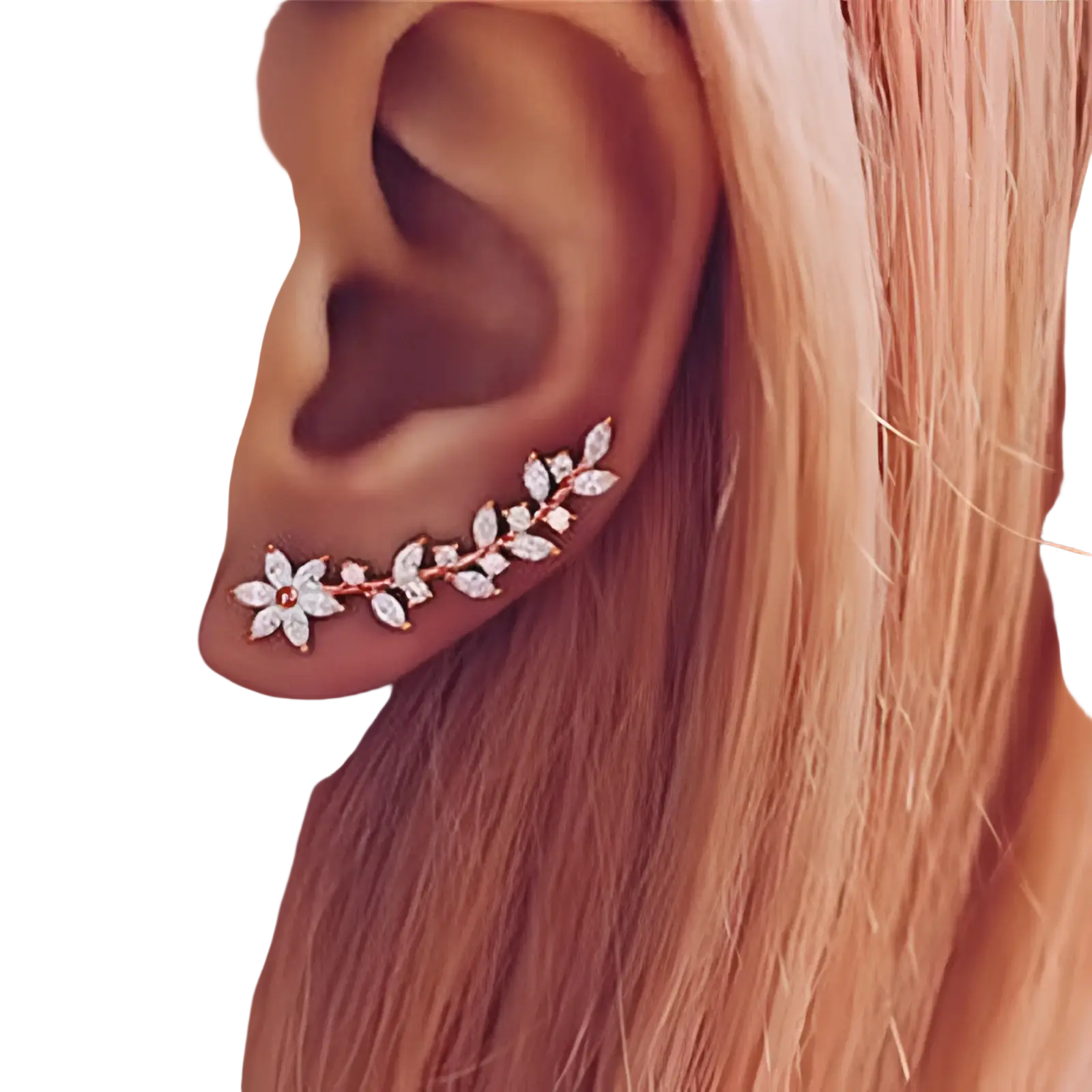 Crystal floral vine ear climber earrings for women in delicate rose gold with sparkling clear crystal floral design