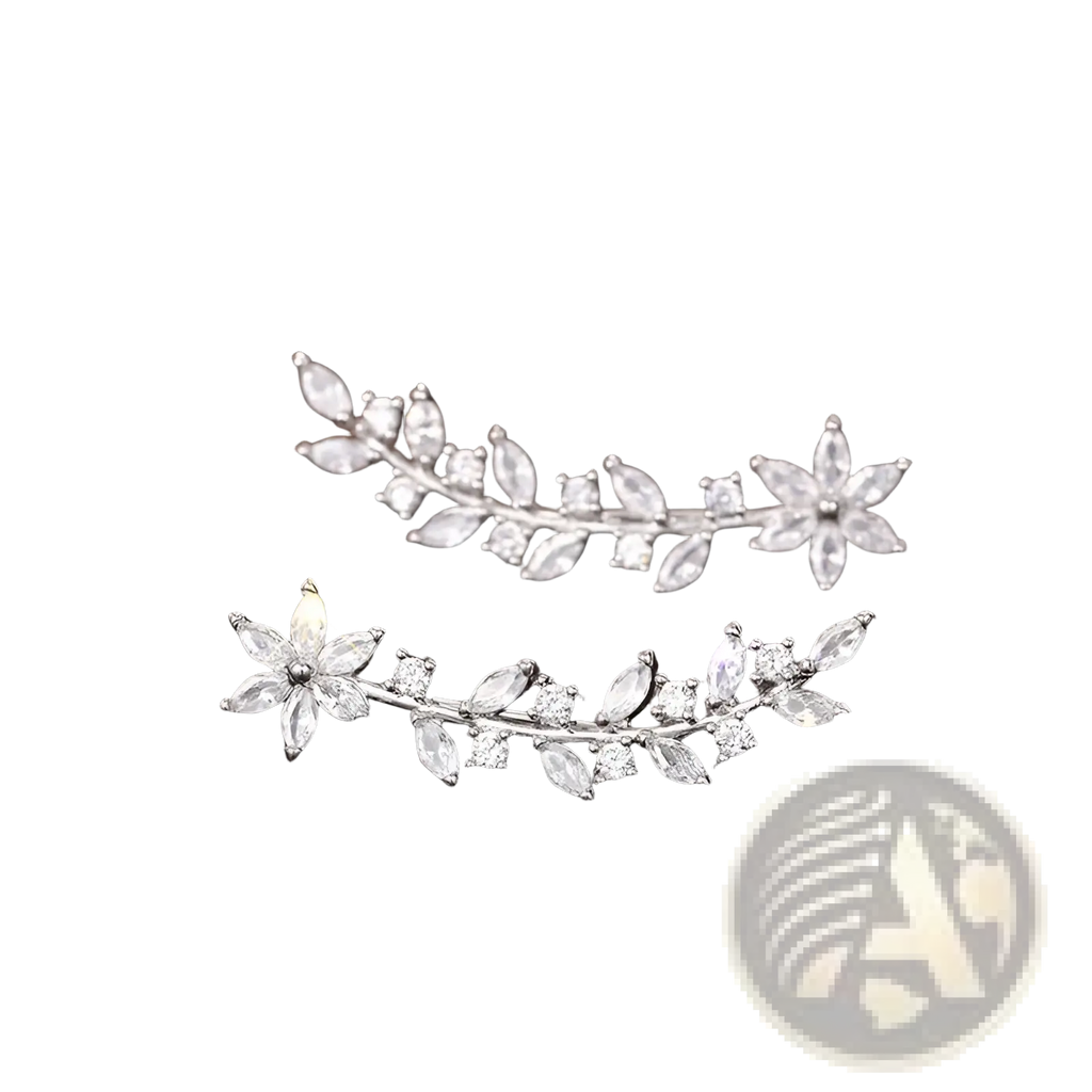 Silver leaf and flower design ear cuffs adorned with clear cubic zirconia stones crystal floral vine ear climbers for women