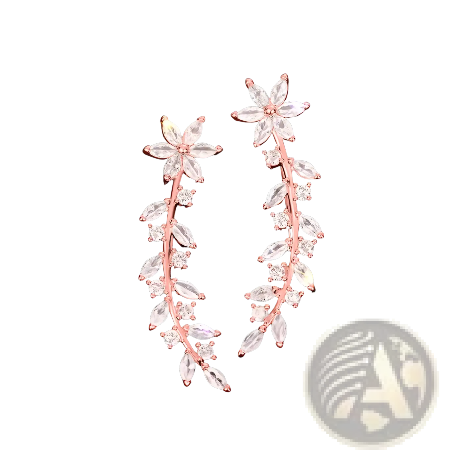 Rose gold crystal floral vine ear climber earrings for women with clear faceted crystals in delicate leaf design