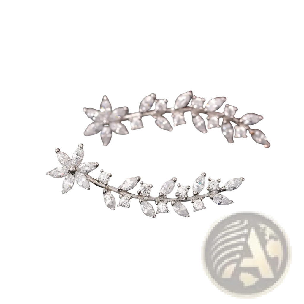 Crystal floral vine ear climber earrings for women featuring silver leaf and flower design adorned with clear crystals