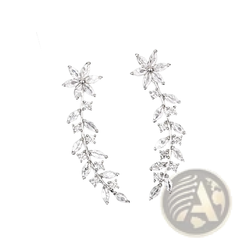 Crystal floral vine ear climber earrings for women featuring silver floral vine ear cuffs with sparkling clear crystals