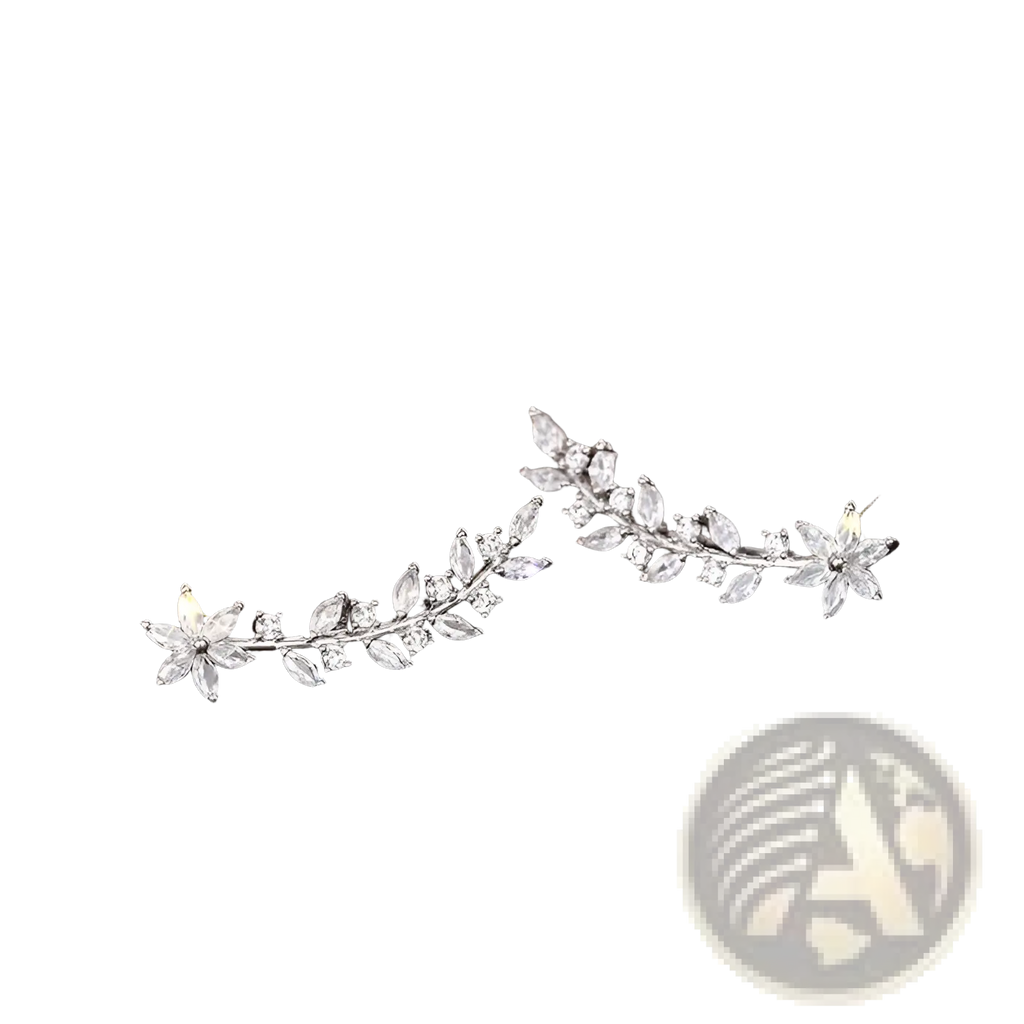 Crystal floral vine ear climber earrings for women silver leaf and flower design with clear cubic zirconia stones