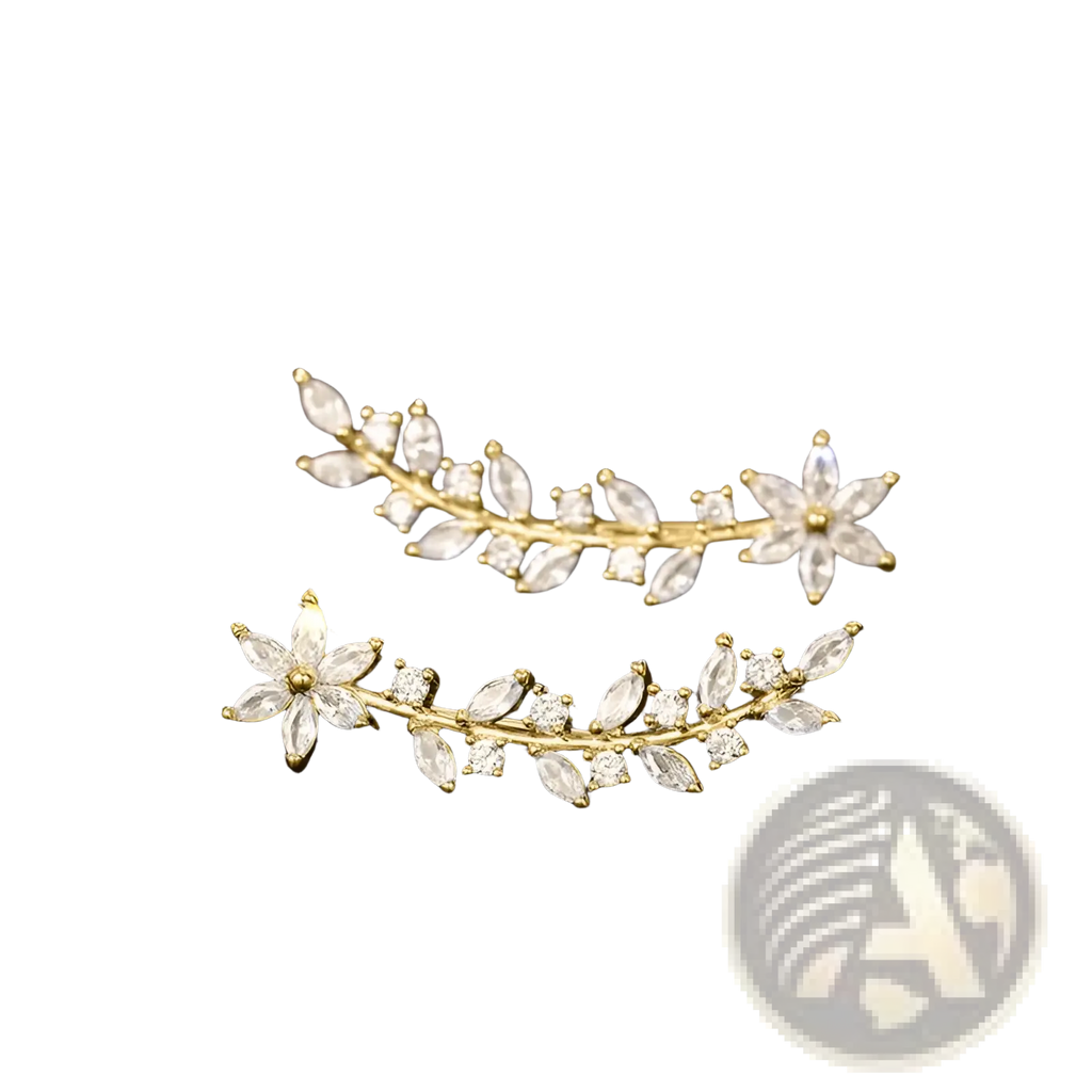 Crystal floral vine ear climber earrings for women in gold tone featuring leaf and flower design with clear faceted crystals