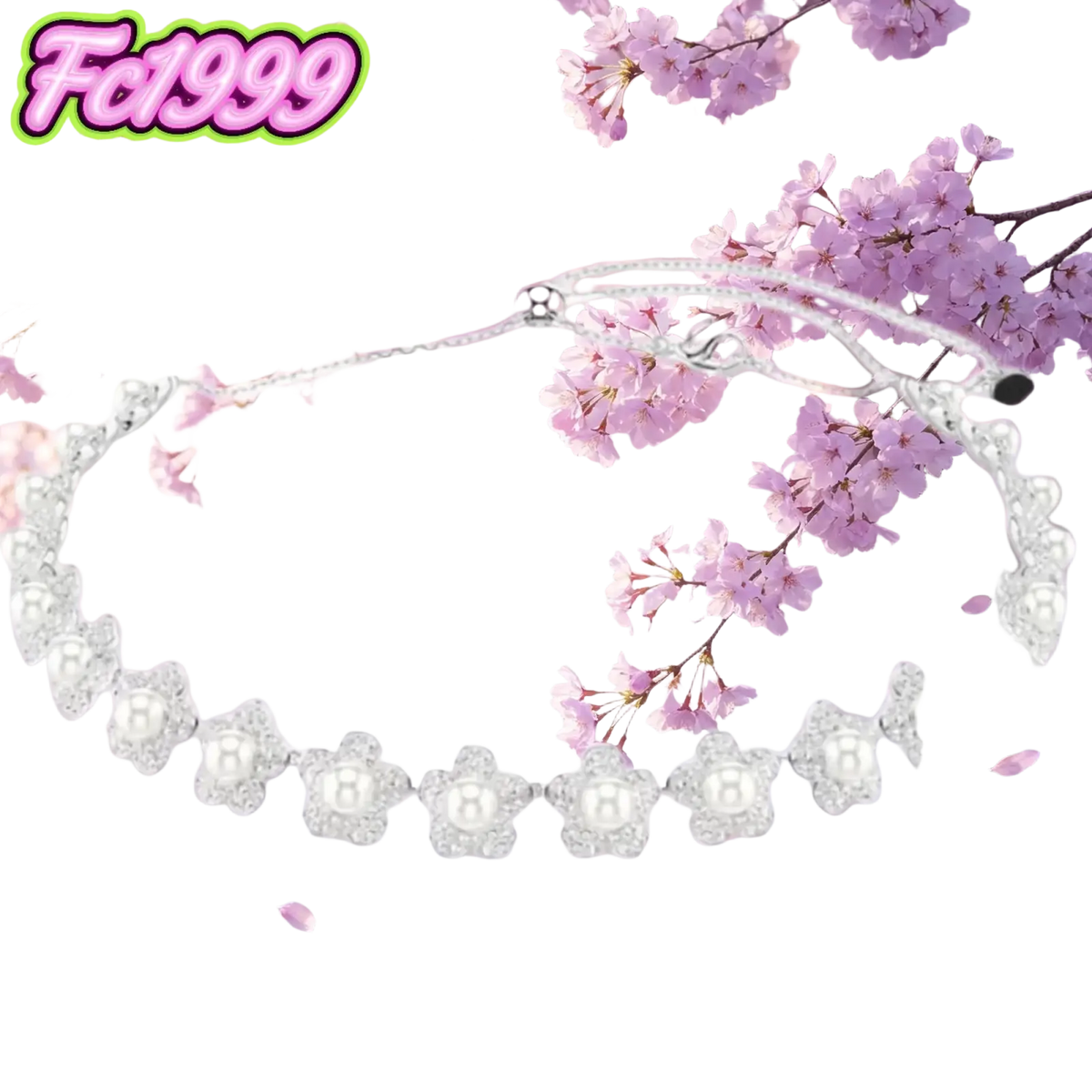 A delicate silver crystal flower bridal necklace with pearl beads set against soft pink cherry blossoms