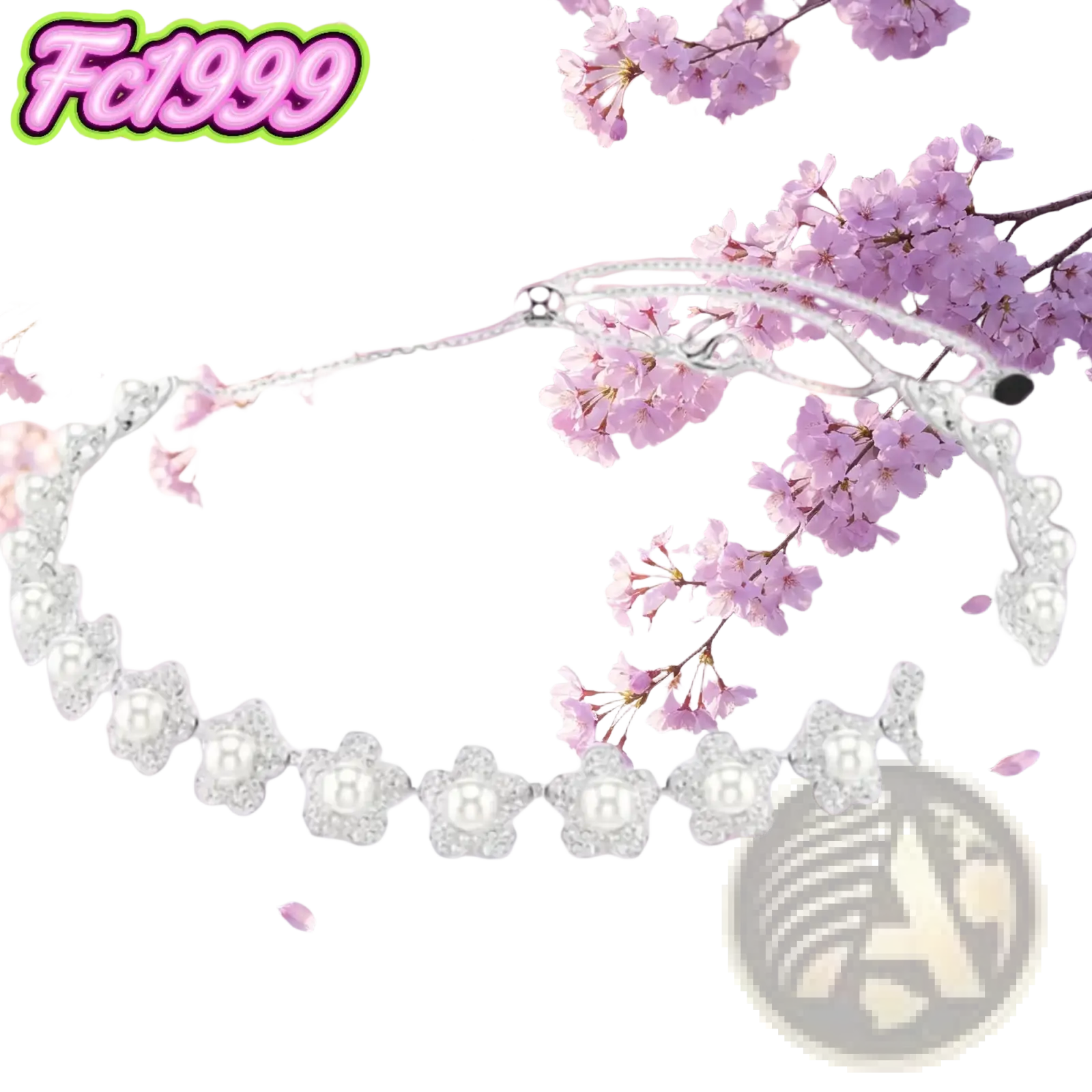 A delicate silver crystal flower bridal necklace with pearl beads set against soft pink cherry blossoms