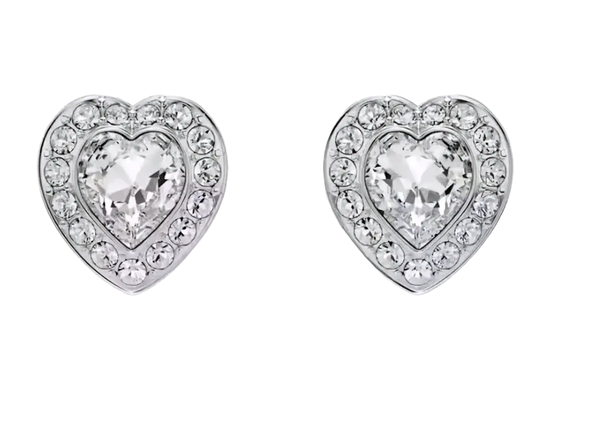Heart-shaped stud earrings with central clear crystal and smaller crystals in silver-toned metal from crystal flower bridal jewelry set
