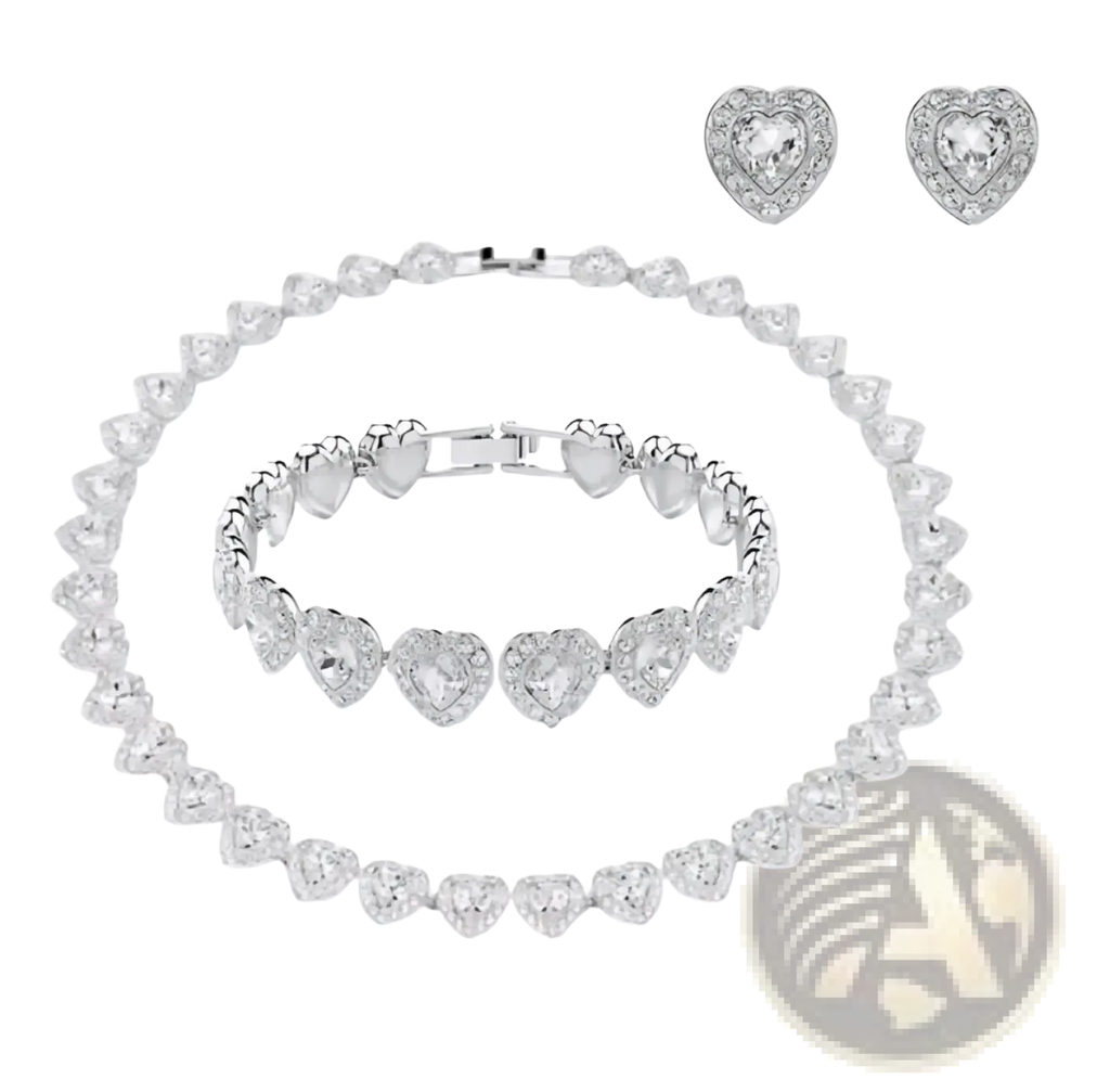 Silver heart-shaped crystal flower bridal jewelry set with necklace bracelet and earrings featuring clear crystals
