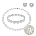 Silver heart-shaped crystal flower bridal jewelry set with necklace bracelet and earrings featuring clear crystals