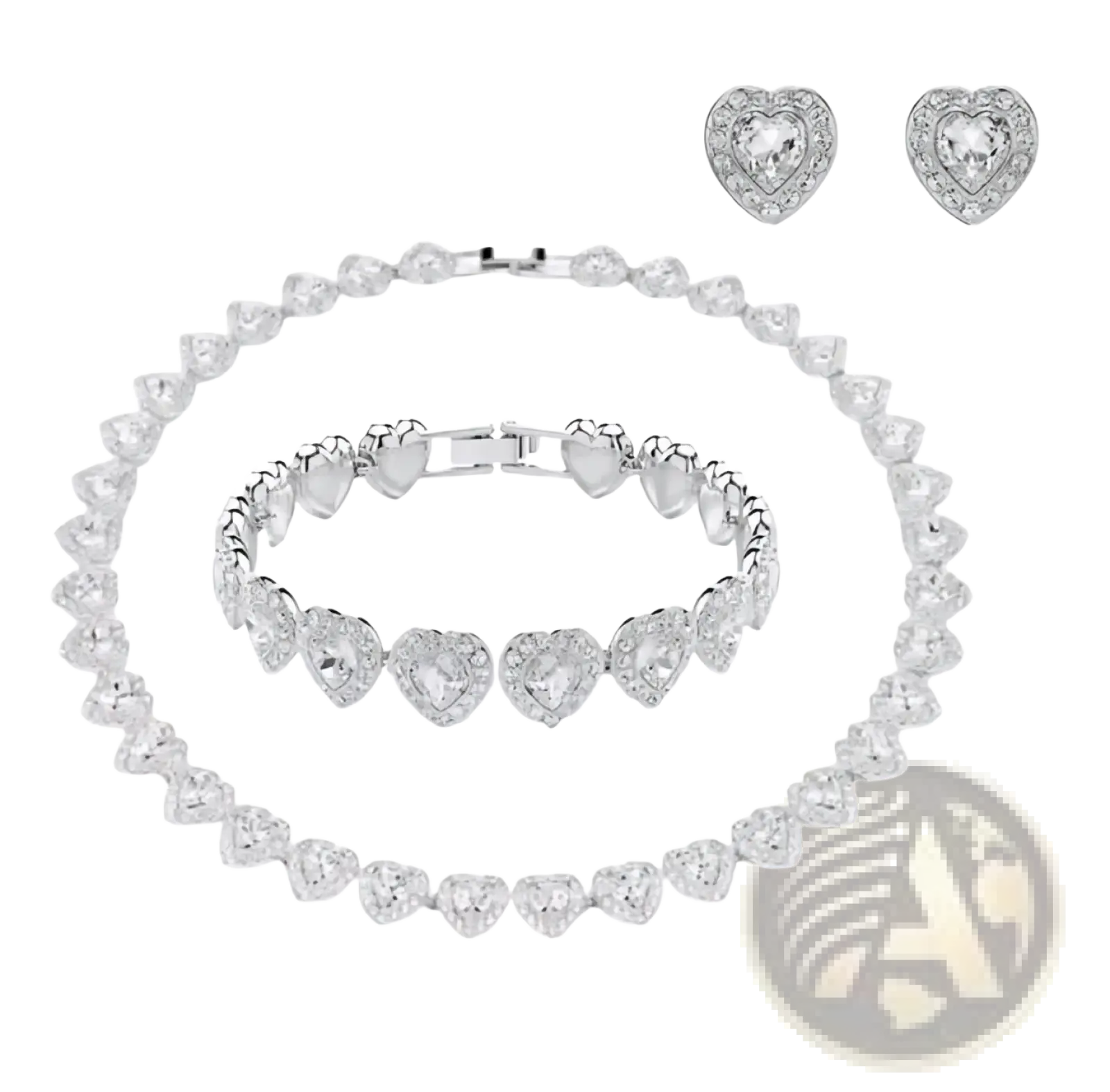 Silver heart-shaped crystal flower bridal jewelry set with necklace bracelet and earrings featuring clear crystals