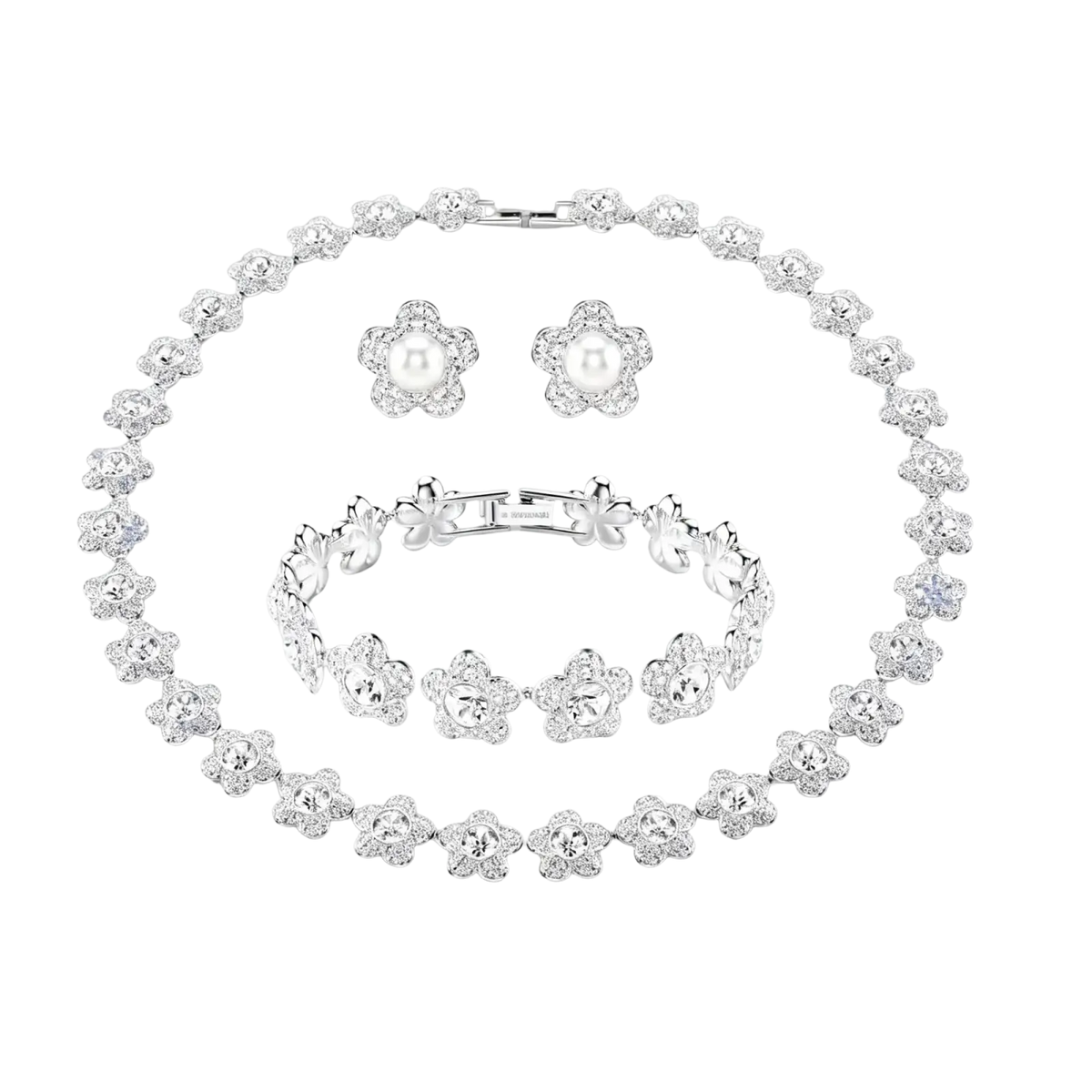 Silver crystal flower bridal jewelry set with intricate crystal-encrusted floral motifs and central pearl accents
